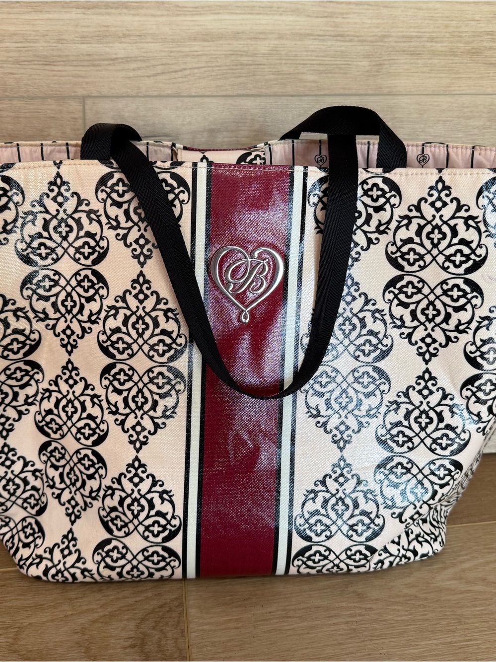Brighton Heart Tote Bag Cream Burgundy Black Filigree Large Shoulder Tote Roomy